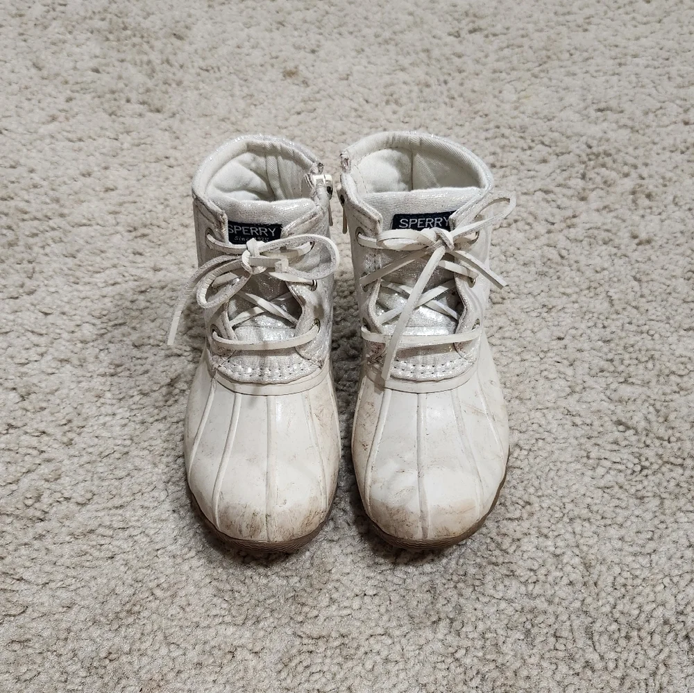 Sperry Top Sider Saltwater Duck Boot Pearlized Shiny Ivory White Girl's Size 10